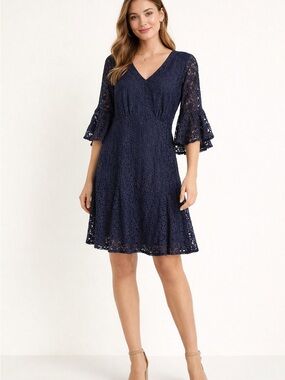 Rabbit Rabbit Rabbit Dress Womens Size 16 Dark Blue Eyelet Lace Crochet  Bell